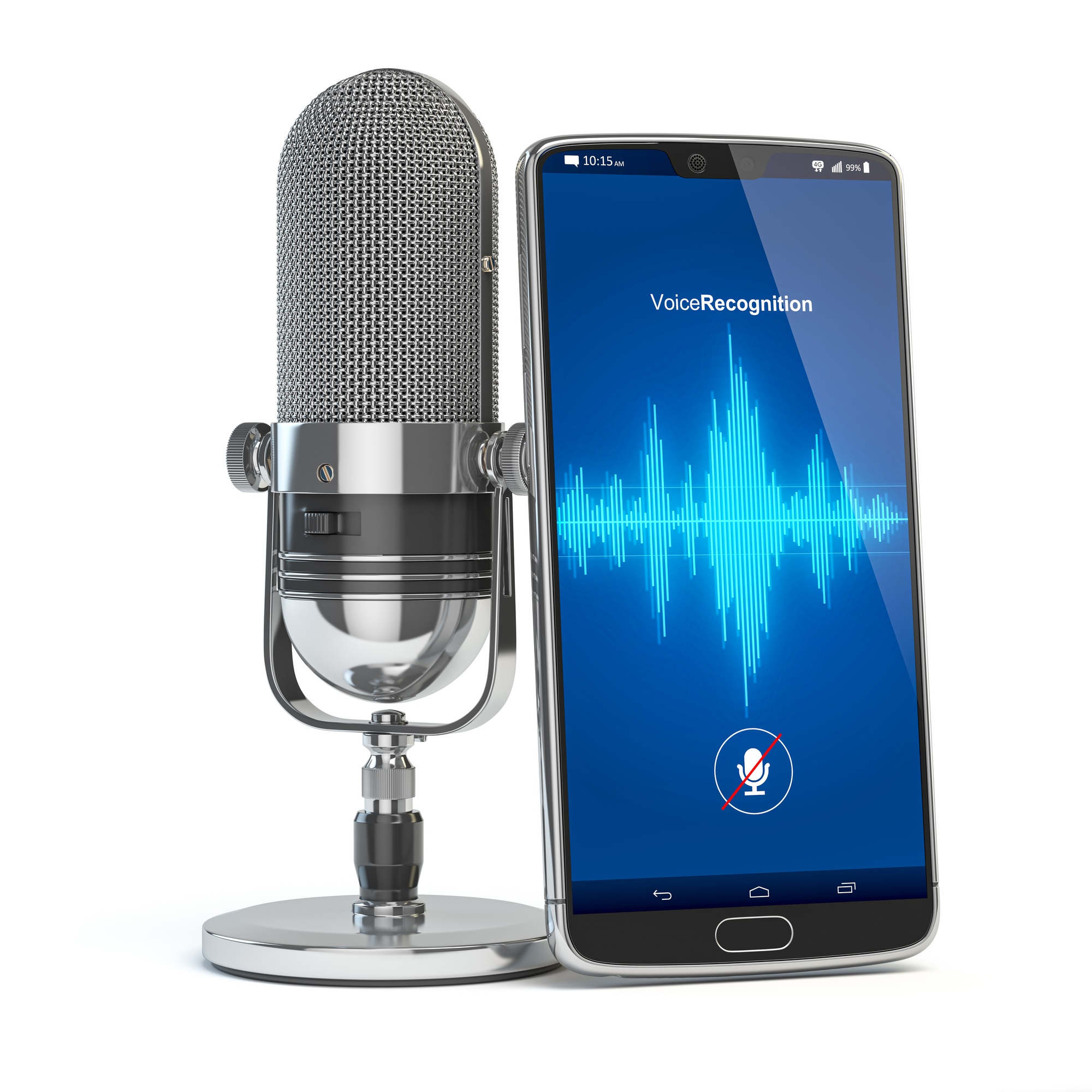 Voice Recognition concept. Microphone and smartphone or mobile phone with waves on the screen.